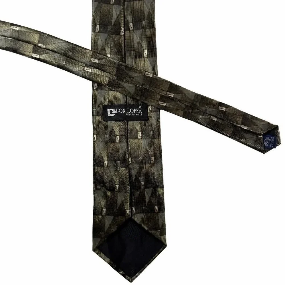 Vintage Don Loper Beverly Hills Tie Men Olive Green Charcoal Geometric Polyester